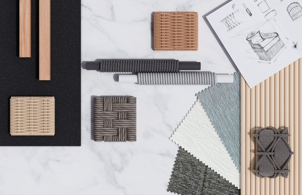 Material board with teak slats, woven rope, outdoor fabric swatches and a chair sketch