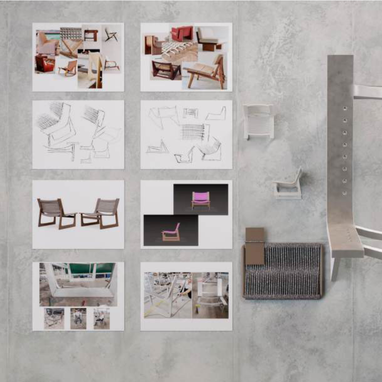Concept boards with furniture sketches and reference photos beside rope and frame samples