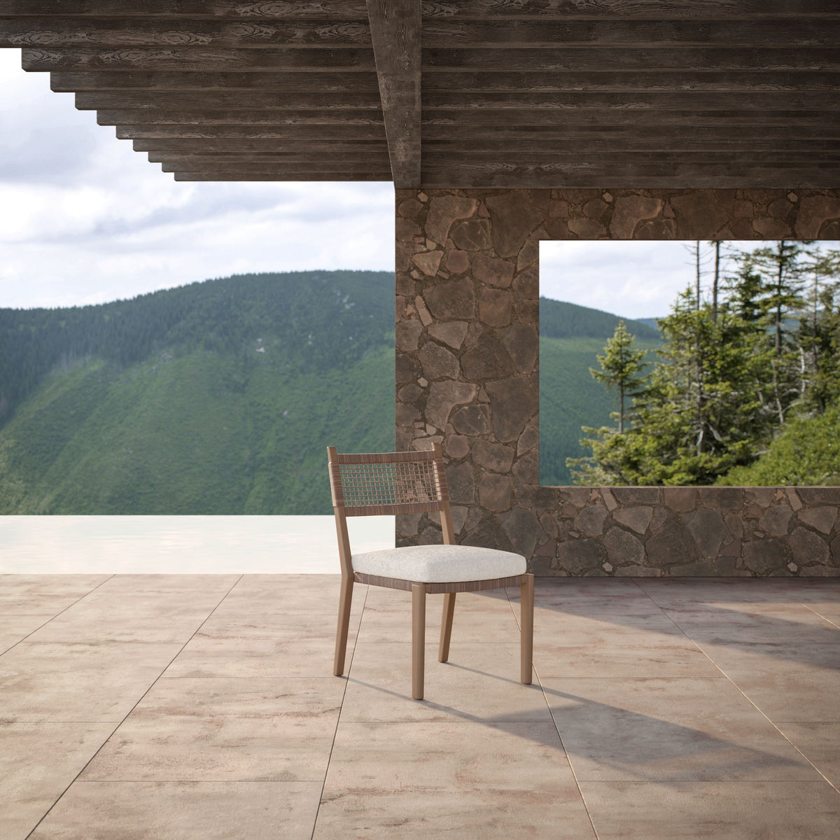 Bozeman Stackable Armless Dining Chair, styled outdoors
