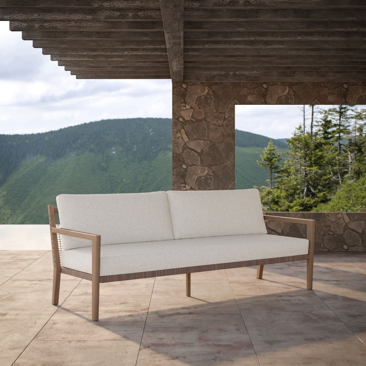 Bozeman 3 Seat Sofa, styled outdoors
