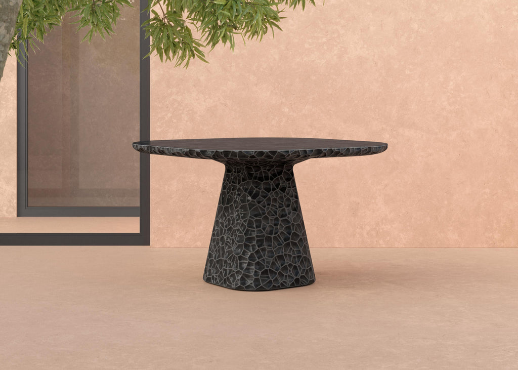 Beige mosaic round table with pedestal base on white background, product-focused.