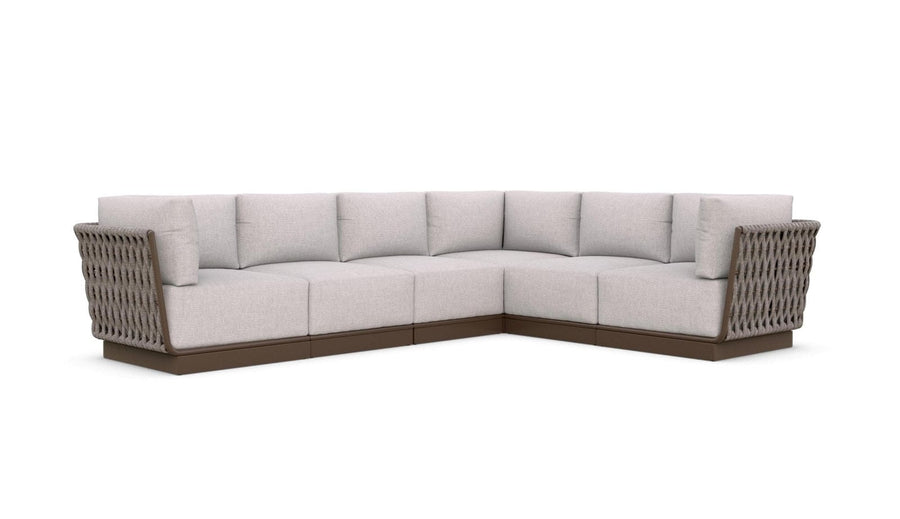 Light gray L-shaped sectional sofa with woven side panels and dark brown base