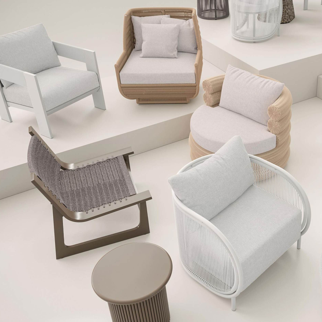 Outdoor lounge chairs and side tables in white, rope and woven finishes