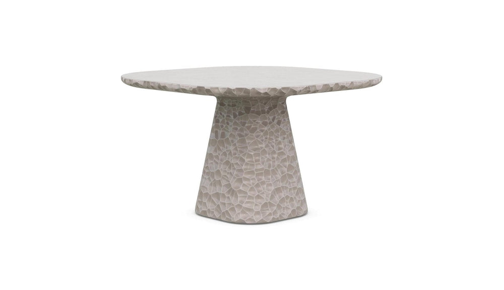 Close-up of the same mosaic round table highlighting the stone-like tessellated surface and pedestal base.