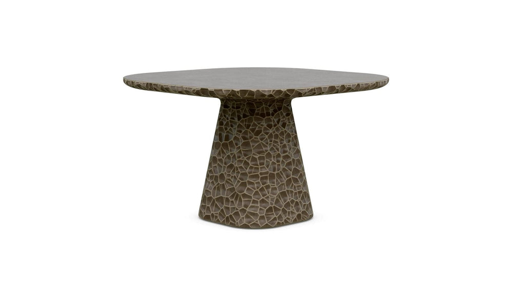 Light brown/beige mosaic round table with pedestal base on white background.